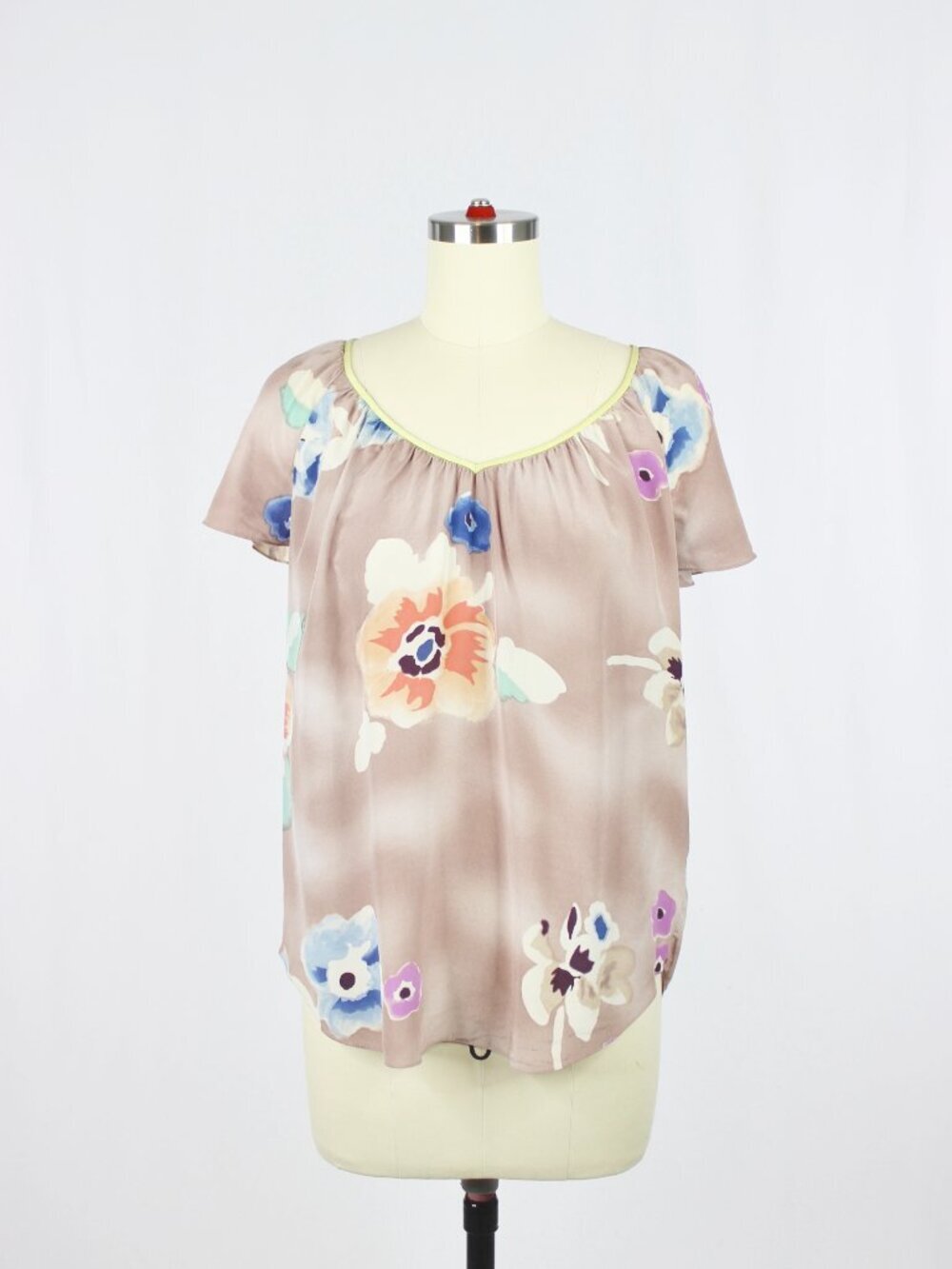 REBECCA TAYLOR Mauve Floral Print Silk Crepe V-Neck Blouse Top, Size 0